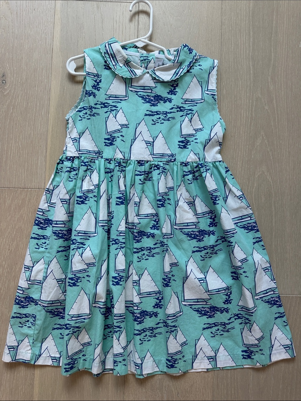 Girls' Mint Sailboat Print Casual Dress with Peter Pan Collar